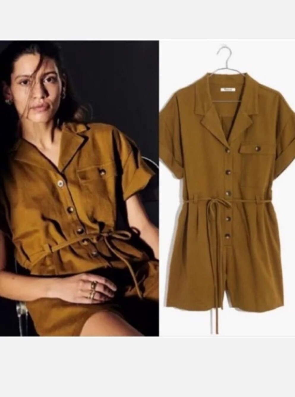 Madewell Belted Safari Romper Utility Button-Front Short Sleeve Olive Green XS